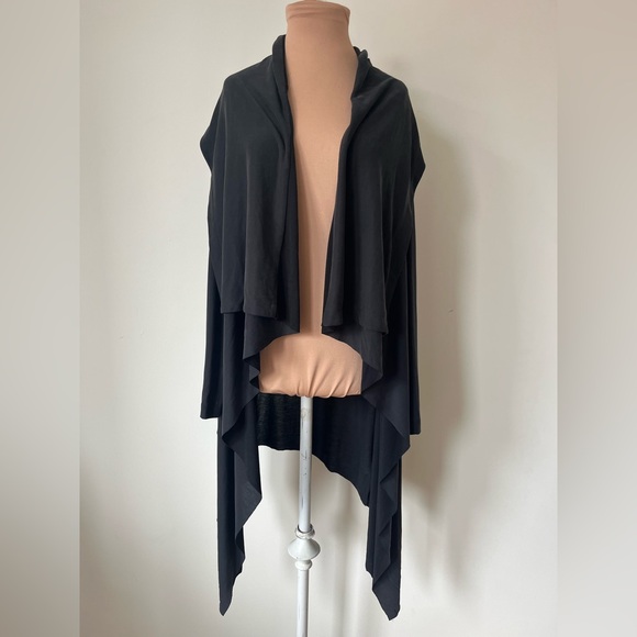 Chalet Lagenlook Black Grey Cupro Shawl Open Front Long Cardigan Sweater EUC S - Picture 1 of 9